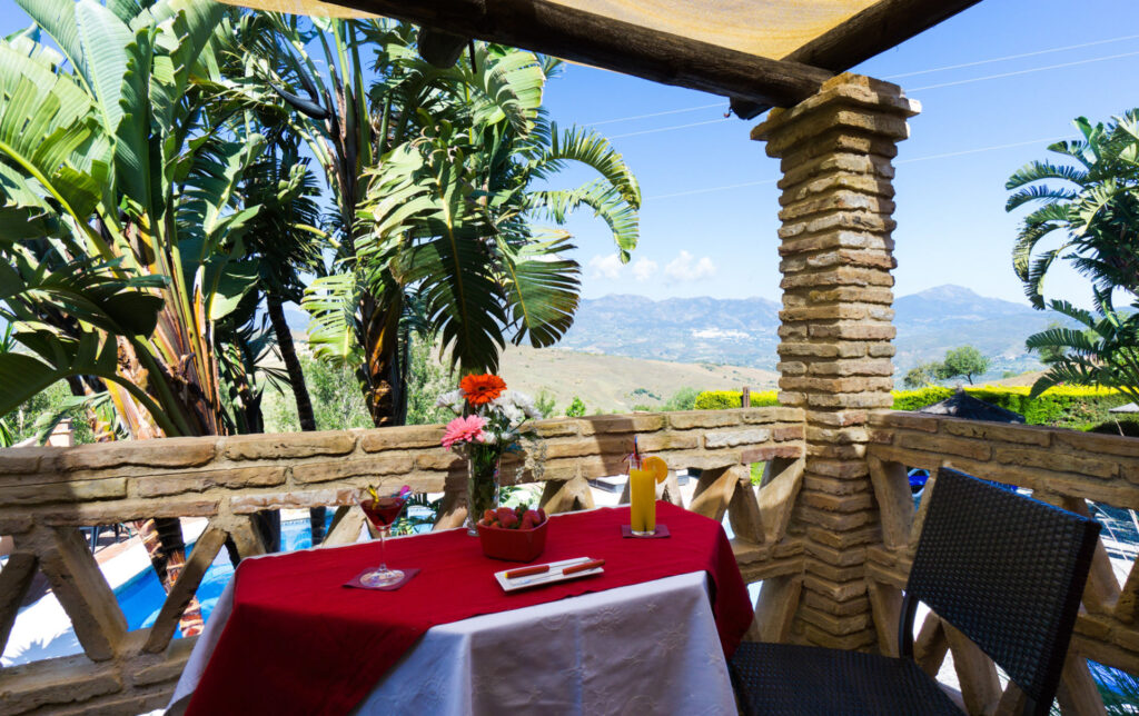 Detalle de mesa con flores y cóctel en la terraza, con palmeras y vistas al valle del Guadalhorce al fondo